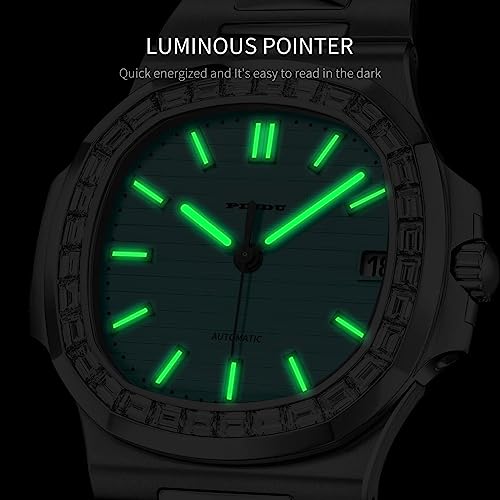 PINDU Automatic Watches for Men, Square Diamond Watch Stainless Steel Strap Skeleton Self-Winding Mechanical Watch Wrist Watch Gift for Men