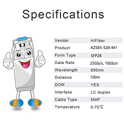 Image of H!Fiber 25G SFP28 SR Transceiver, 25GBase-SR Duplex LC MMF Optical Module, 850nm DDM, Up to 100m for Cisco SFP-25G-SR-S