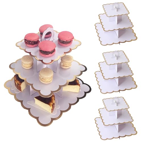 4 Pack Cardboard Cake Stand 3 Tier Disposable Cupcake Dessert Holder Display Tower Square Afternoon Tea Stands Food Serving Platter for Birthday Wedding Party