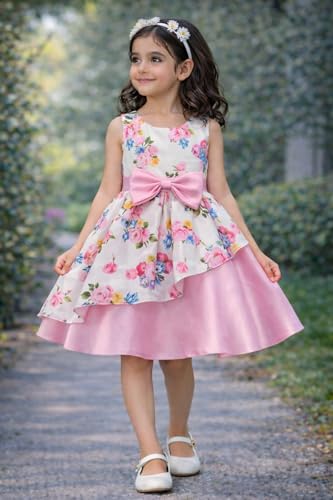 Image of Buy & Try Girl's Satin Floral Printed Frock Knee Length Short Frocks Dress.