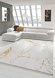 Allergikerfreundlich Teppich Marmor Wohnzimmerteppich modern waschbar in Creme Gold Größe 160x230 cm