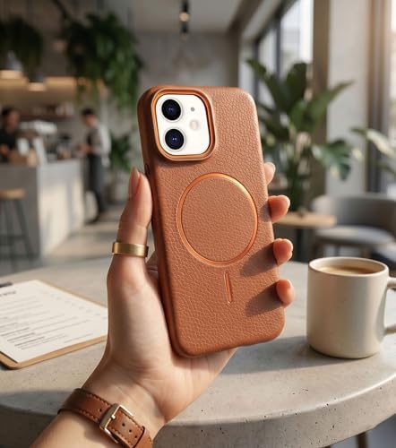 Image of amazon basics Luxury MagSafe Compatible Leather Texture Back Cover for iPhone 12 Pro | Raised Camera Protection | Slim Fit Shockproof Case with Metallic Accents (Orange)