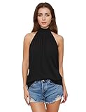AliChan Womens Summer Sleeveless Mock Neck Halter Tank Tops Tie Back Pleated Casual Keyhole Cami Blouse, Black-L
