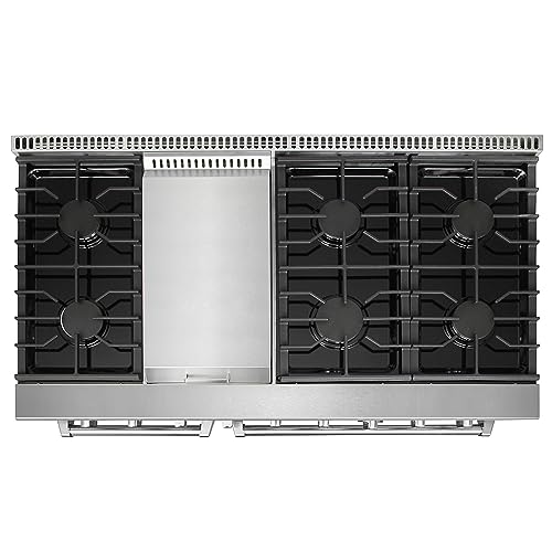 KOSTCH 48 inch Pro-Style Natural Gas Range with 6 Burners & 1 Griddle Cooktop, Double 4.6 cu. ft. and 2.2 cu. ft. Convection Oven, in Stainless Steel - with NG/LPG Convertible Kit (Red)