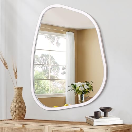 HLFMVWE Espejo de pared ovalado irregular grande blanco 50 x 40 cm espejo asimétrico moderno marco de madera espejos artísticos decoración para salón dormitorio baño