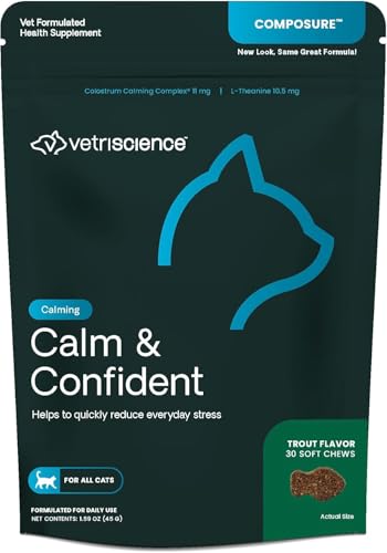VetriScience Calm & Confident Chews, Composure Calming and Anxiety Supplement for Cats, Reduce Stress and Fear, Ideal for Travel, Vet, Grooming and Routine Changes, Trout, 30 Count