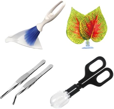 PHYPOBLE 5Pcs Reptile Supplies Set, Include a Reptile Feeding Tongs, Two Stainless Steel Tweezers, Mini Dustpan, Brush and Leave for Hamsters, Turtle, Chameleon, Snake, Spider and Other Small Animals