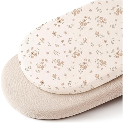 Liemuao 2PCS Drap Housse en Mousseline de Coton 82x41CM, 100% Coton Protège Matelas Bébé pour Couffin, Draps de Berceau pour Matelas Ovale et Rectangulai, Ideal Cadeau de Naissance (Beige)