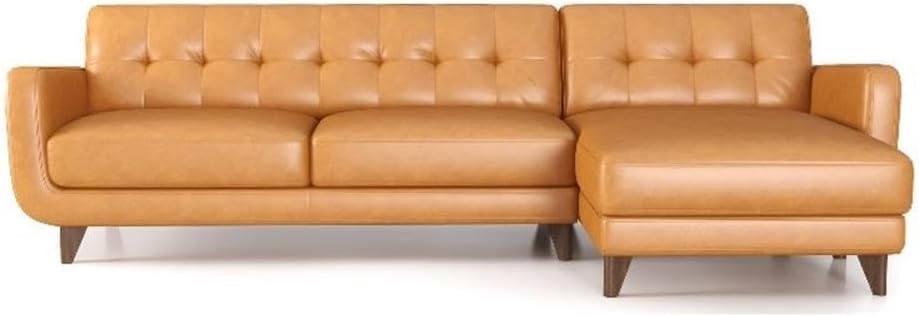 ASHCROFT Elva Mid Century L-Shaped Genuine Leather Right Facing Chaise Sectional, Light Brown Tufted Tight Back Sectional Sofa for Living Room Waiting Area Office Apartment Dorm Home, Tan