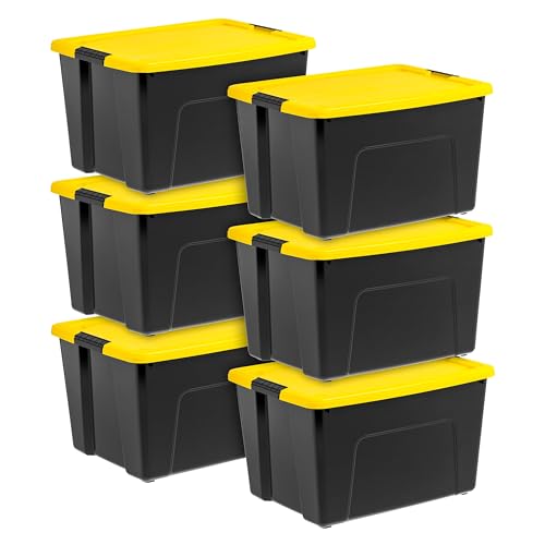 Image of Storage Bins 60 Qt Stackable with Lids 6 Pack for Garage Basemen | Durable Plastic with Side Handles - Lightweight and easy to carry. Ideal for garage, basement, closet, and office.