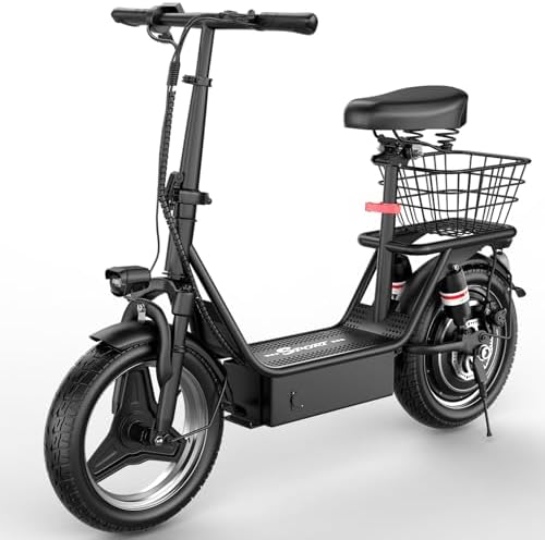 Misodo Electric Scooter with Seat for Adults, 500W Motor, 20-25 MPH and 30 Miles Long Range, 14" Foldable Commuting E Scooter with Basket/Box, Ample Storage for Pet & Cargo