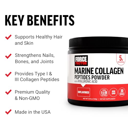 Image of Force Factor Marine Collagen Powder for Women and Men, Marine Collagen Peptides Type I & III with Hyaluronic Acid to Support Healthy Hair, Skin, Nails, Bones, and Joints, Unflavored, 30 Servings