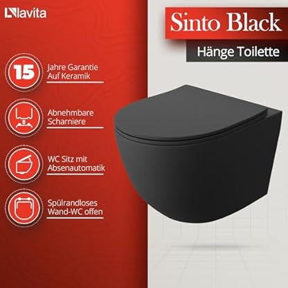 GEBERIT Duofix Basic Vorwandelement + Wand Tiefspül WC Sinto Schwarz Spülrandlos + WC Sitz + Bedienplatte Delta 25 Verchromt Knopf Komplettset Unterputz Spülkasten Toilette Komplett Sett WC – Bild 5