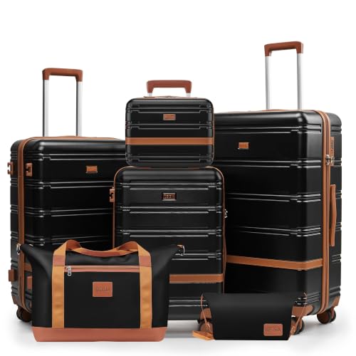 Image of NEISIA Luggage Sets with spinner wheels, PC+ABS Hard Shell Travel Luggage,Lightweight Carry-on suitcases with TSA Lock,YKK Zippers (Black(N), 6 piece sets (14 /20 /24 /28 /DB /TB)