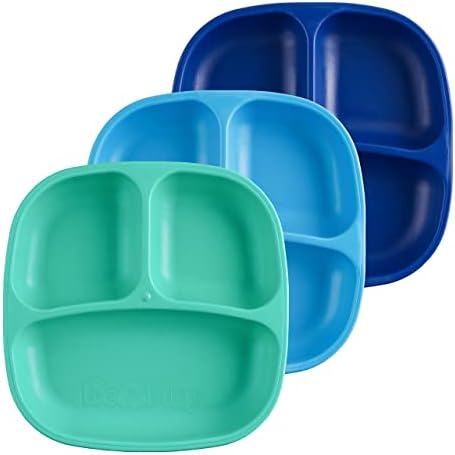 Re Play 7" Divided Toddler 3 Pack Plates with Deep Sides and Three Compartments for Easy Self Feeding | BPA Free | Dishwasher Safe | A True Blue