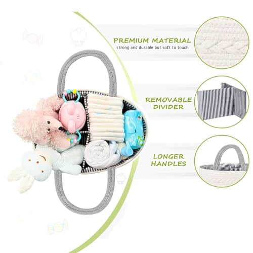 Baby Diaper Caddy Organizer ,Rope Woven Nursery Storage Basket with Adjustable Divider, Nursery Diaper Organizer for Newborn Boys Girls, Foldable Tote Bag Organiser for Car Travel - Image 4