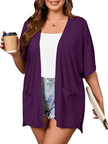 Image of AusLook Women's Plus Size Lightweight Open Front Cardigan 3 /4 Sleeve Cover Ups Shrugs Shawls and Wraps Kimono Jacket Coat