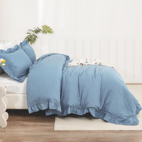 Image of Litanika Grayish Blue Full Size Comforter Sets, 3 Pieces Ruffle Farmhouse Aesthetic Bedding Comforter Sets, All Season Soft Lightweight Fluffy Microfiber Bed Set(79x90In Comforter, 2 Pillowcases)