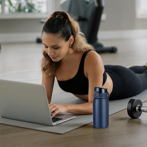 Image of Insulated Water Bottle 12 oz with Dustproof Lid, Carry Handle & Tea Infuser, BPA-Free & Leakproof, Stainless Steel Water Bottles Ideal for Fitness, Hiking, Office & Outdoor Use (Dark Blue )