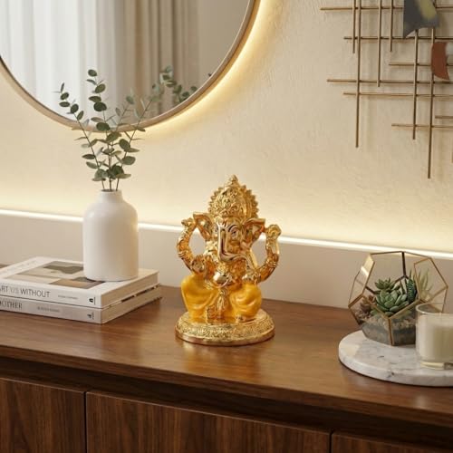 Image of Gold Plated Ganesh Idol | Ganpati Murti for Car Dashboard, Office Desk, Hindu God Gift & Home Decor - Resin (Gold & Yellow)