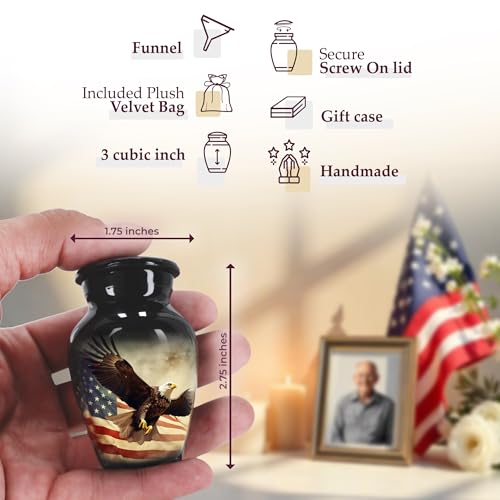 Image of Trupoint Memorials Small Urns for Human Ashes Keepsake, Military and Patriotic Decorative Mini Cremation Urn for Veteran Adult Men and Women, Small Black