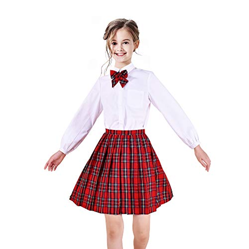 Sunny Fashion 3 des Morceaux Uniforme Scolaire Filles Blanc Chemise Jupe Collier Nœud Papillon 9-10 Ans