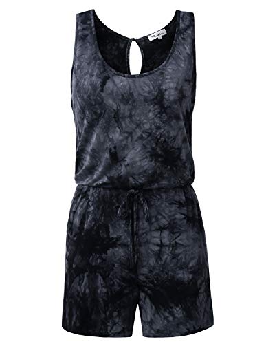 ALILING Loose Rompers for Women Short,Women's Summer Fashion Tie Dye Scoop Neck Sleeveless Tank Top High Waist Short Pant Rompers Jumpsuits with Pockets Black-Sleeveless M