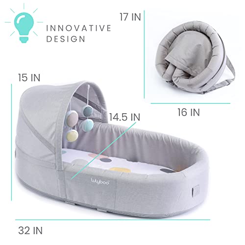 Lulyboo Portable Baby Travel Lounge & Playpen - Indoor/Outdoor Cuddle & Play Baby Bed, Adjustable Backpack, Waterproof, Lightweight, Includes Changing Pads, Plush Toys & Removable Canopy (Bubble 2) - Thumbnail 6