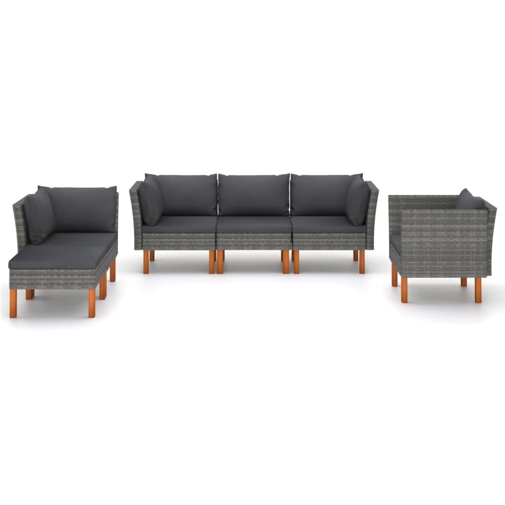 Set di mobili da giardino da 6 pezzi, in polyrattan e legno di eucalipto, grigio, con 8 cuscini per schienale e 6 cuscini per seduta, per esterni, terrazza, balcone, robusto e facile da