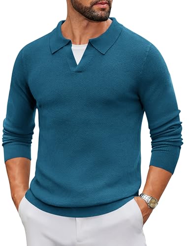 COOFANDY Long Sleeve Polo Sweaters for Men Casual Knitted Sweater Collared Fashion Golf Pullover, Blue, M