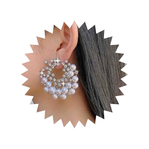Boho Pearl Cluster Earrings Silver Cz Pearl Drop Earrings Exaggerated Rhinestone Hoop Earrings Pearl Dangle Statement Earrings Large Round Hollow Crystal Earrings Jewelry for Women