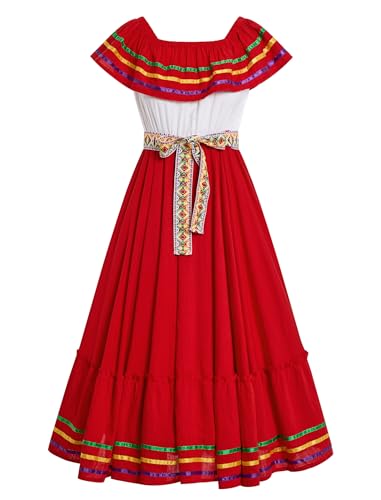 Mexican Dress for Women Folklorico Cinco de Mayo Fiesta Dresses Womens Off-Shoulder Traditional Mexican Dress Flamenco Ruffle Drape A Line Dresses Floral Embroidered Senorita Holiday Red L
