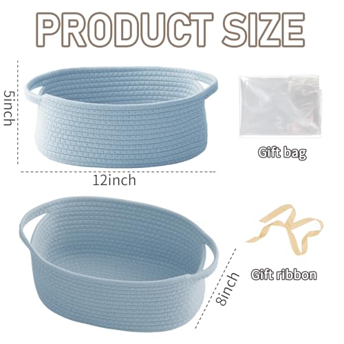 Image of JMvicyroam Small Woven Basket, Empty Gift Basket, Blue /1 Pack | Small Gift Basket, Cotton Rope, 12 x 8 x 30 in, Handles, Includes Ribbon and Bag, Birthday Gift Basket