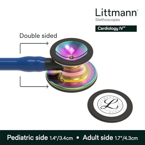 3M Littmann Cardiology IV Diagnostic Stethoscope, 6242, More Than 2X as Loud, Weighs Less, Stainless Steel High Polish Rainbow Chestpiece, 27" Navy Blue Tube, Black Stem, and Headset - image 3