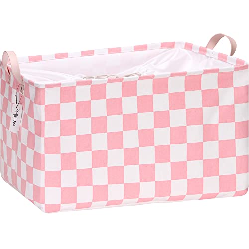Image of Hinwo Extra Large Canvas Fabric Storage Basket with Handles, 70L/18.5-Gal Oversized Bin, Collapsible Storage Box, Clothes, Toys, Blankets Organizer, 22 x 15 x 13 Inches (XL, Pink Checkerboard)