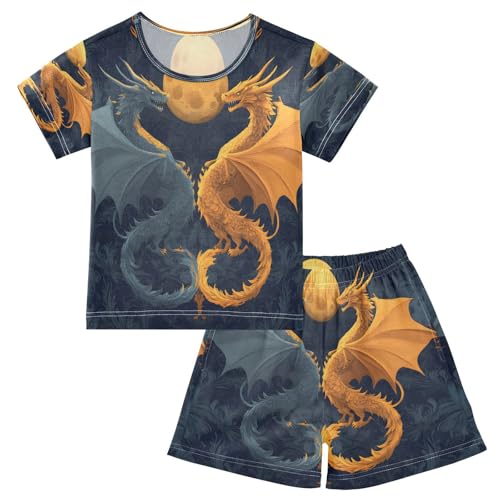 ALAZA Blue Yellow Dragon Pajamas Set Short Sleeve Cotton Sleepwear Summer Pjs 2 Piece 5-14Y