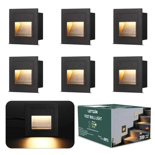 LetGlin Eclairage Escalier 3W 300lm - 6 Pièces, 3000K Luminaire LED, 85x85mm, IP65 Applique Encastrée, 230V Luminaire D'escalier pour Escalier Mural,...