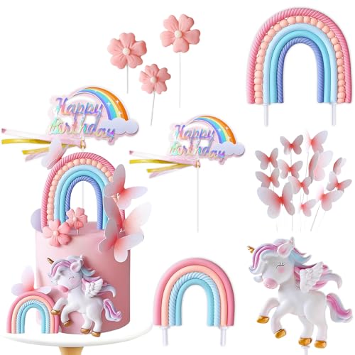 GROVBLE Einhorn Tortendeko Set 19 Stück Unicorn Cake Topper Kindergeburtstag Mädchen mit Einhorn Figur Regenbogen Schmetterlingen Blumen & Happy Birthday Topper Tortendeko Geburtstag Party