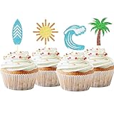 24 Pack Surfing Cupcake Toppers Glitter Summer Theme Surfboard Beach Cake Decorations Picks for Summer Beach Party Birthday Party Supplies (Surfing)