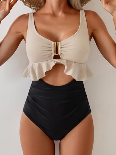 B2prity Womens One Piece Swimsuit Tummy Control Ruffled Bathing Suit V Neck Cutout Swim Suit Tie Back Swimwear3
