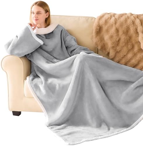 IFNOW Sherpa Wearable Blanket with Sleeves for Women Men Adults, Cozy Wearable Blanket with Arm and Pocket, Warm Full Body TV Wrap Throw Blanket, Soft Robe Blanket as Gifts for Mom Wife, Grey