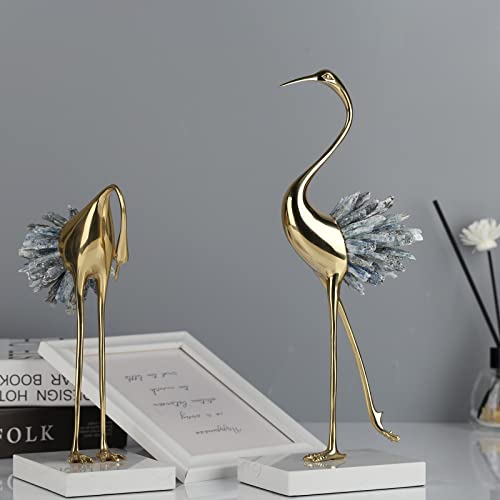 Modern Luxury Golden Crystal Copper Crane Ore Animal Birds Statue Home Decoration Accessories Living Room Soft Tv Cabinet Wine Cabinet Decor (Blue B) #TOP6