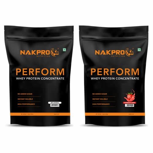 Image of NAKPRO PERFORM Whey Protein Concentrate - 24g Protein, 5.7g BCAA & 4.7g Glutamine (30 Servings) & Perform Whey Protein with Digestive Enzymes, Whey Protein Supplement Powder - Strawberry (30 Servings)