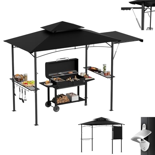 LZQ Grillpavillon mit Seitenmarkise Doppeldach BBQ Pavillon Grillüberdachung mit Ablagen Haken Flaschenöffner wetterfest Grillzelt Gartenpavillon Grillunterstand mit Hydraulikstange Schwarz