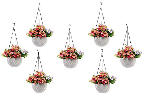 Image of Go Hooked Flower Pots | Plastic | Hanging Pot | White | Pot Diameter-7.1 Inch | Pot Height-4.8 Inch | Pot Thickness-3 mm | Chain Length-13 inch Approx | 7 Pieces
