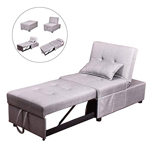 URRED Convertible Chair Sleeper Bed, Folding Ottoman Sleeper Guest Bed 4 in 1 Multi-Function Adjustable Linen Fabric Futon Chair with Lumbar Pillow Gray (Gray)