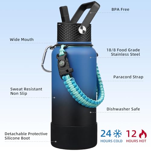 Image of BJPKPK 32oz Insulated Water Bottle with 3 Lids, Straw Lid & Handle