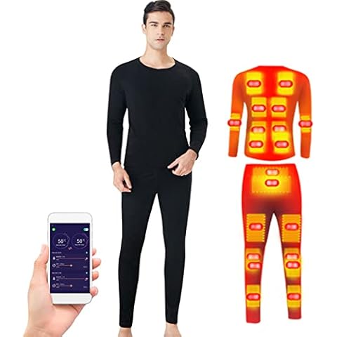 Men's Heated Thermal Underwear Set Winter Warm Long Sleeve Top and Pants Set 20 Heating Zones 5 Heating Levels Smart APP Temperature Control USB Electric Heating Underwear Suit,Black,XL Cover
