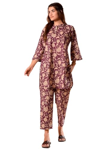 Image of NAINVISH Ethnic Cotton Blend Co Ord Set | Casual Wear Pant Top Set | Fancy Co-Ord Set | Full Pair Set | Women Kurta Sets Kurtis | Women Kurta Pant Set | Coord Sets for Women | Maroon Top Pant Set
