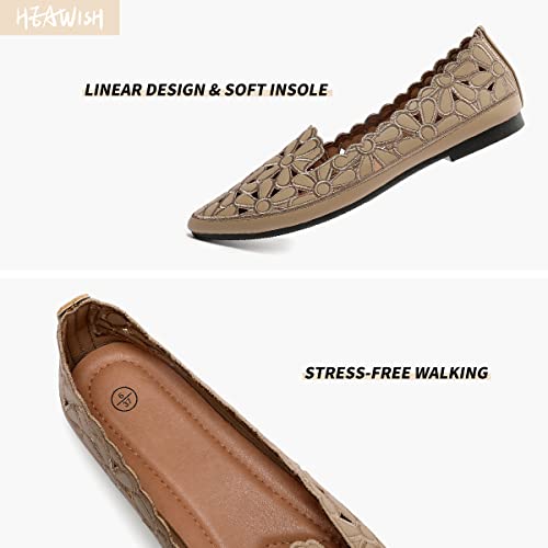 HEAWISH Women's Floral Ballet Flats for Women Black Beige Slip On Flowers PU Leather Round Toe Dress Shoes(Chocolate,US7) by HEAWISH - Used condition - Image 3